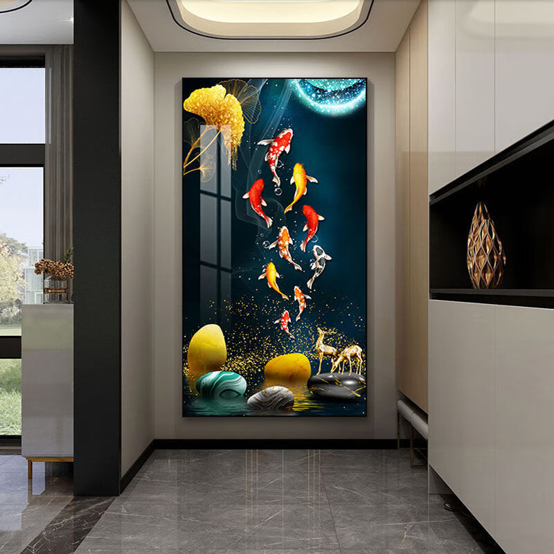 图老大tulaoda九鱼风水玄关装饰画走廊入户过道挂画轻奢客厅镶钻晶瓷