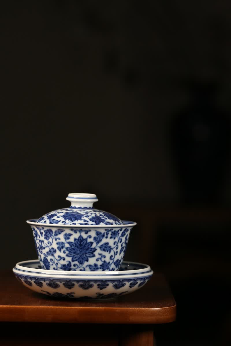 近园余寅窑青花柴窑缠枝莲三才盖碗茶杯泡茶碗景德镇陶瓷功夫茶具180