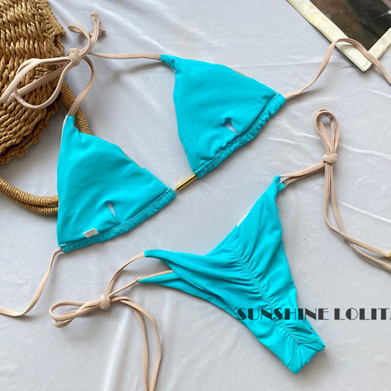 ins网红撞色性感三点式比基尼泳衣女小胸聚拢沙滩度假泳装 图片色 s