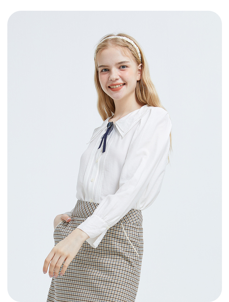 eland衣恋女装秋季衬衣上衣衣服甜美可爱风自带领结翻领白衬衫女.