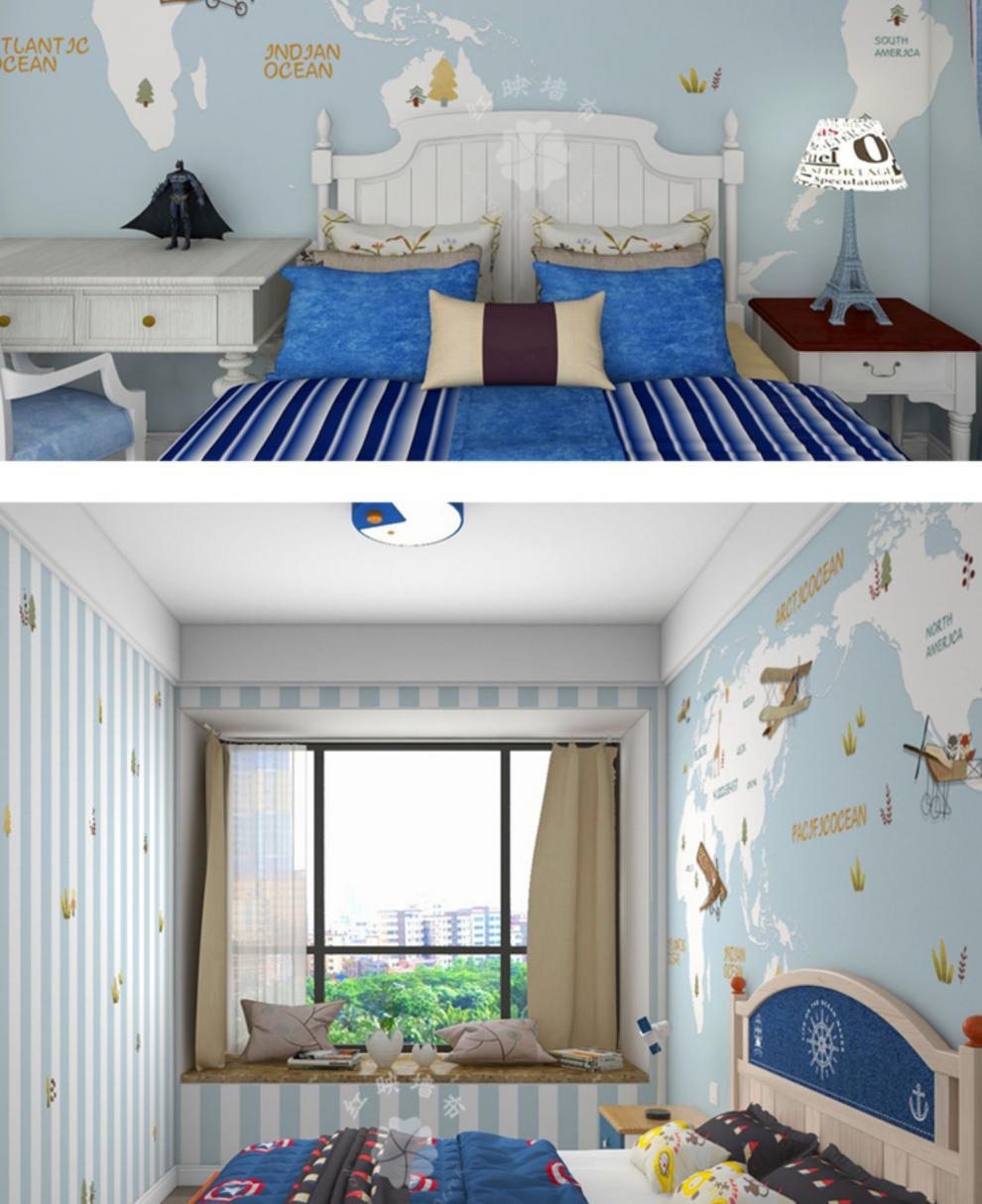 儿童房壁纸男孩飞机壁画墙纸ins风卧室男生卡通墙布地图背景墙艺术