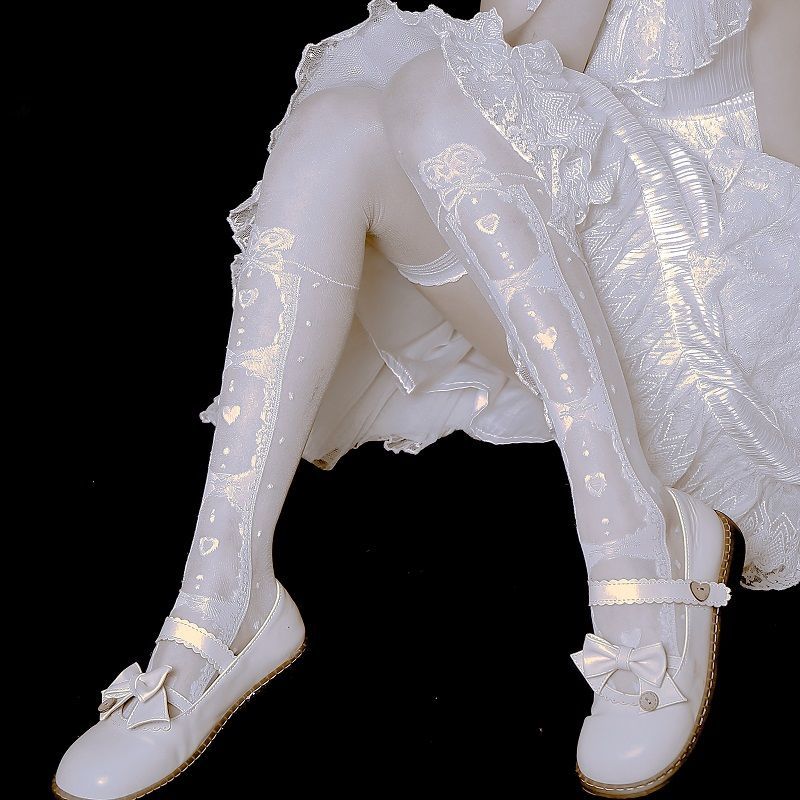 女生春夏季lo娘裙白色连体裤袜过膝袜白丝蝴蝶结爱心梦幻白玻璃丝过膝