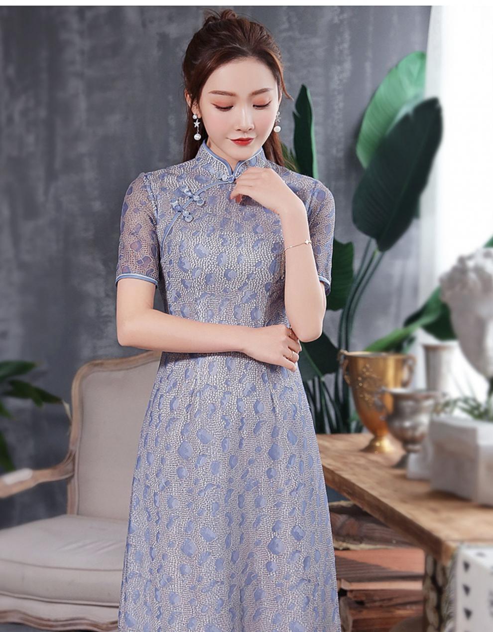 秀观唐蓝玖2020春夏装新款改良蕾丝中长款小a摆中国风旗袍连衣裙 蓝色
