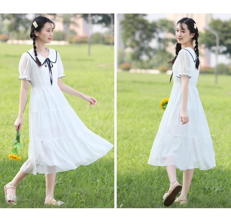 少女连衣裙长款夏季初中学生大童夏装高中女生白色雪纺长裙子过膝白色