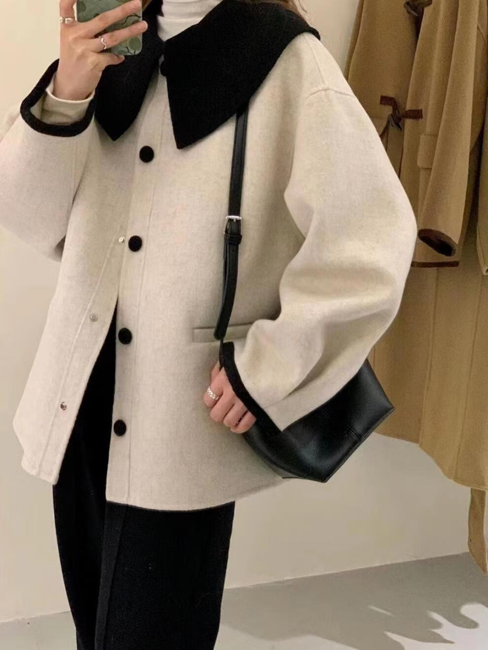 短款妮子外套女季双面羊绒大衣短款小个子娃娃领拼色呢子羊毛双面呢