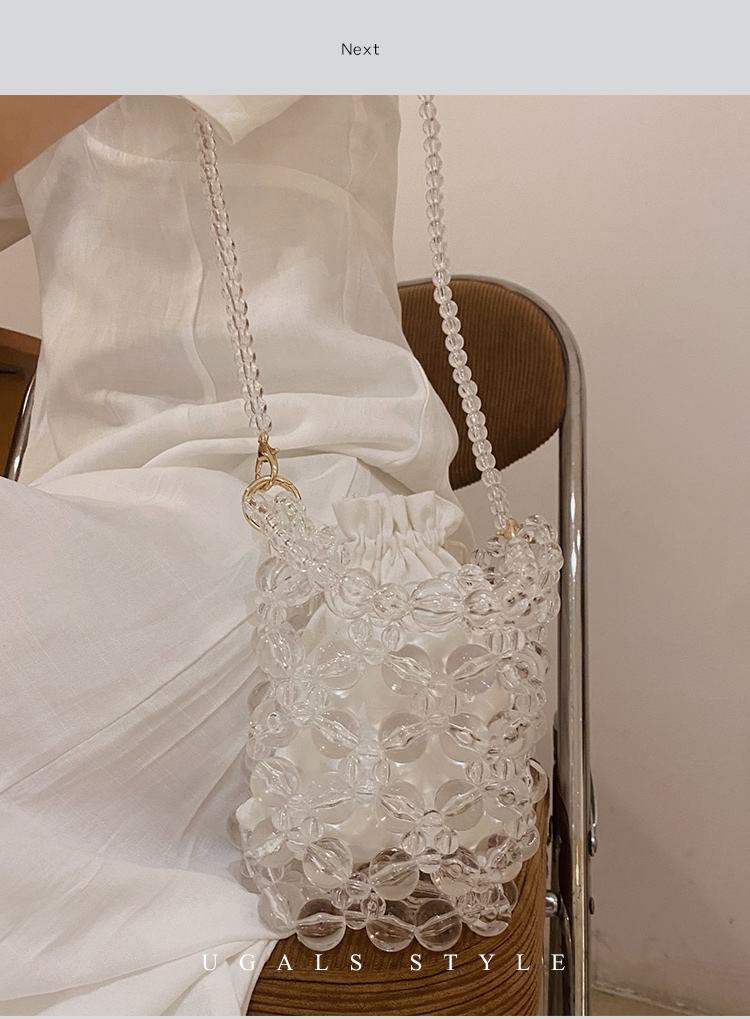 ugals珍珠包包夏法式复古镂空手工编织水晶串珠包透明圆桶斜挎包透明