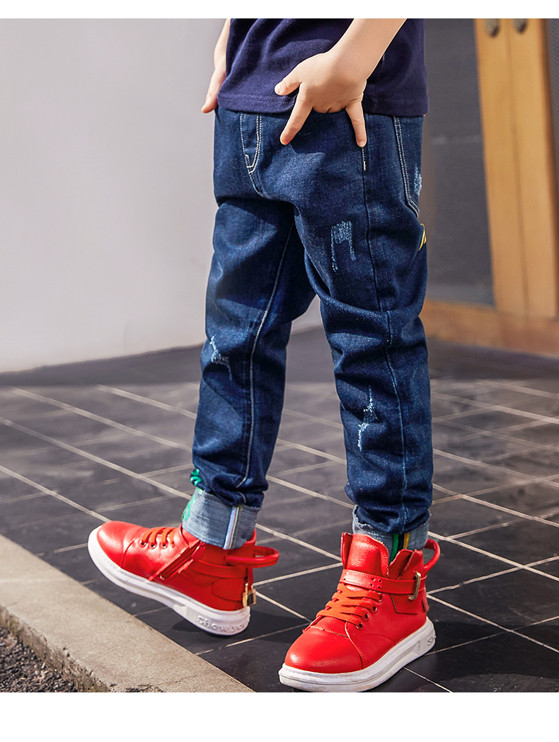 一贝皇城童装男童牛仔裤2018春季新款中大童春装儿童长裤韩版潮 蓝色