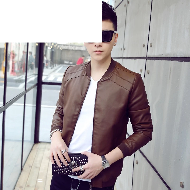 Autumn and winter Korean version of slim leather jacket men's leather jacket fashion men's leather jacket solid color various washed leather jackets warm leather jackets imitation leather jackets men's brown 3XL