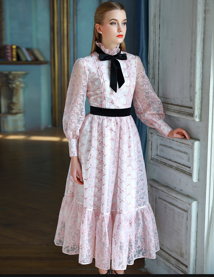 希区瑞普 复古名媛连衣裙高端欧美高领灯笼袖中长款公主裙春f0564