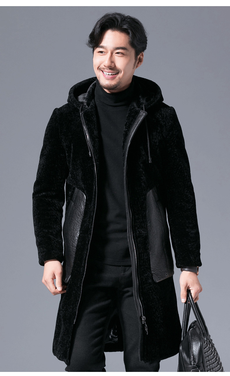 劳斯名爵品牌男装 连帽皮毛一体长款真皮毛外套羊剪绒冬季皮草皮衣