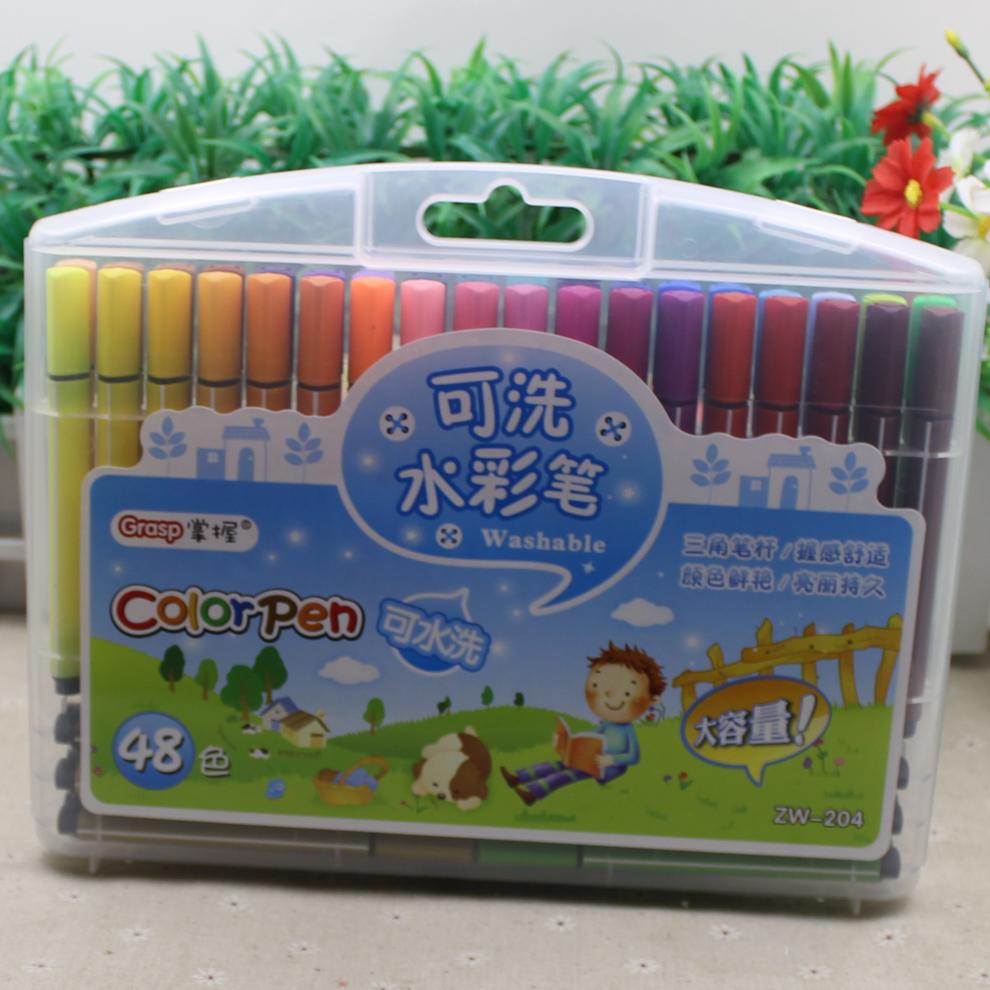掌握彩色水彩笔水彩笔48色12243648色大容量三角杆可水洗水彩色48色蓝