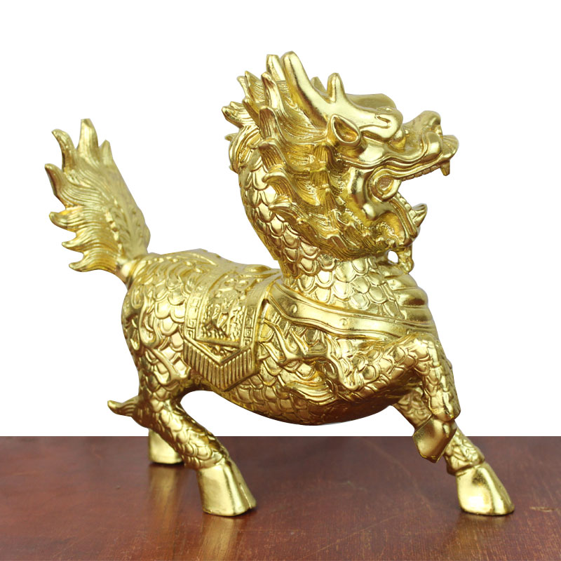 真全铜器纯铜麒麟黄铜麒麟贴金麒麟工艺品摆件鎏金麒麟预售长20cm贴金
