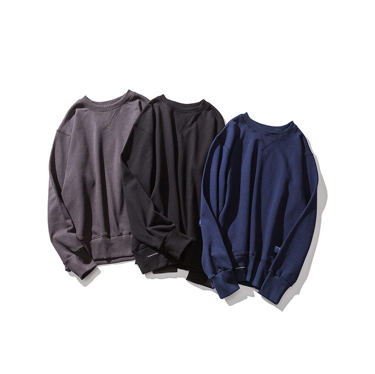 日系男纯色罗口拼接卫衣国潮中性宽松套头卫衣 黑色 m_现价-1元