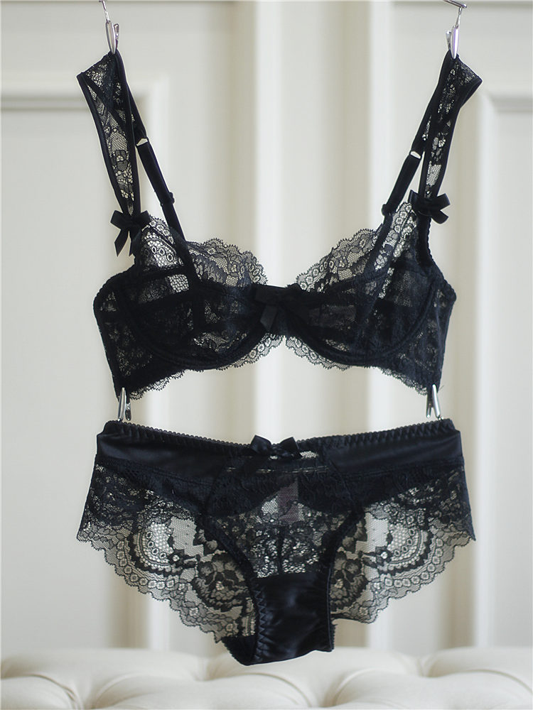ovmattu香港潮牌女士文胸透明镂空蕾丝蝴蝶结诱惑胸罩少女内衣套装夏