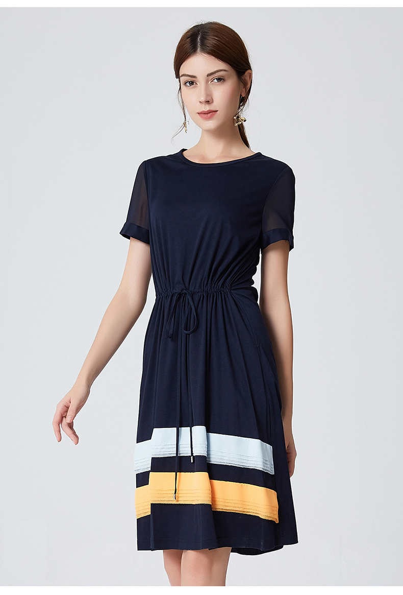 landi蓝地收腰撞色棉连衣裙短袖中裙lrcl033 藏兰006 xl