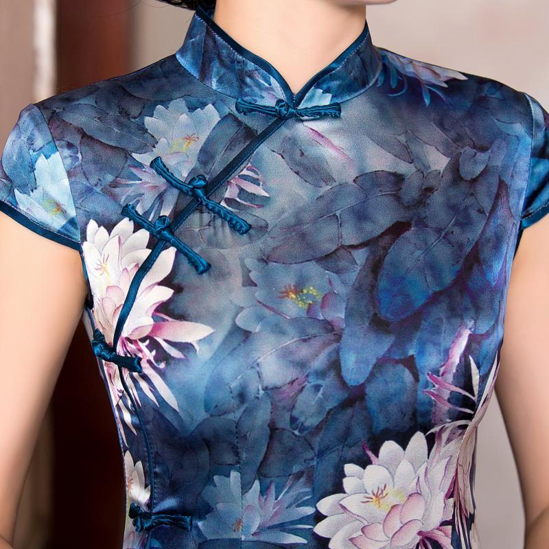 浅末 欧流女装旗袍 改良款荷花重磅双边扣真丝旗袍桑蚕丝长款旗袍hy