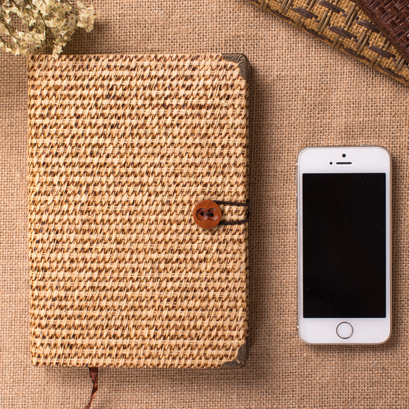 日记本手工记事本草编织封面带纽扣文具