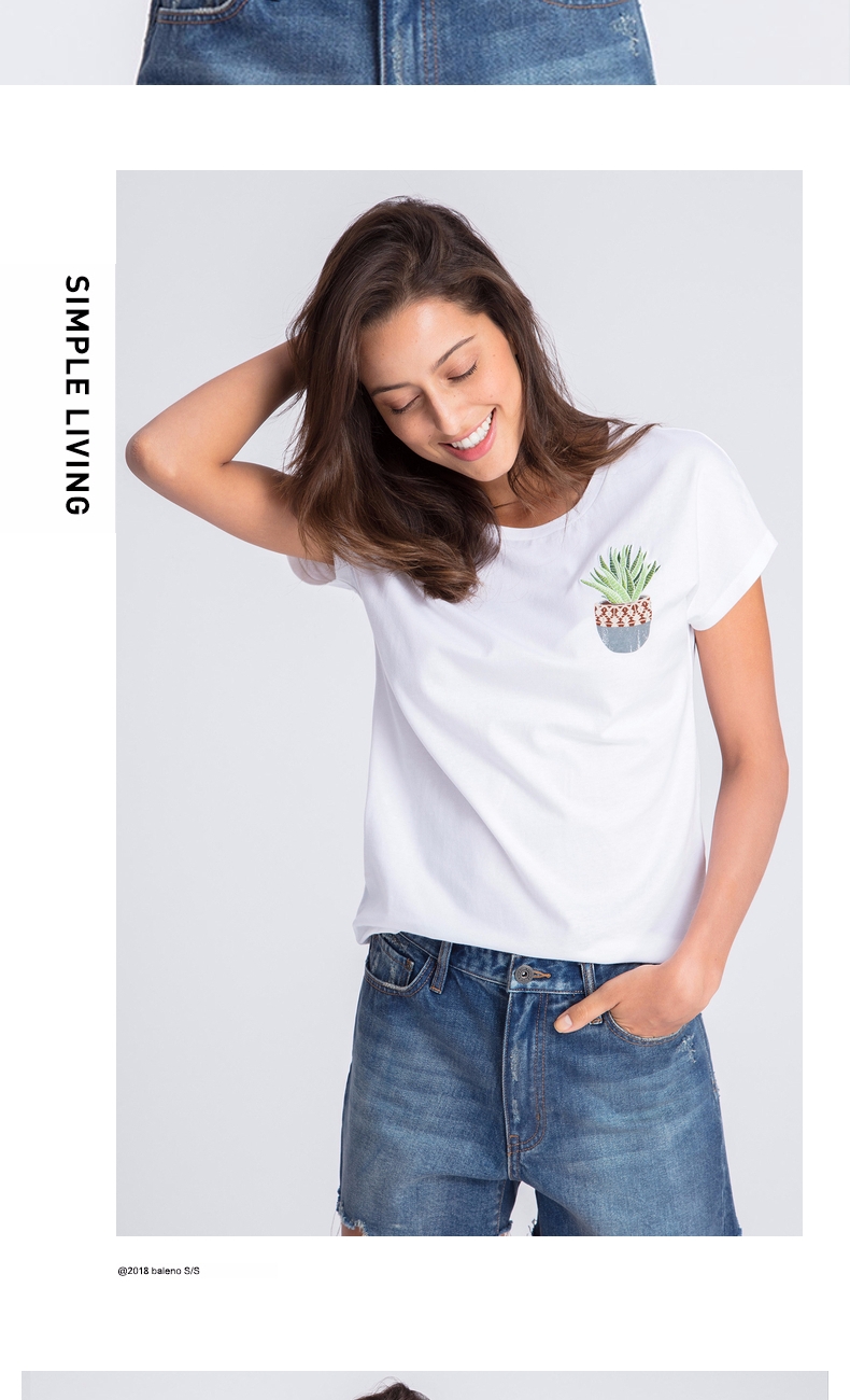 baleno班尼路女装 立体刺绣印花短袖t恤 新款纯棉圆领t休闲夏装 46n啡
