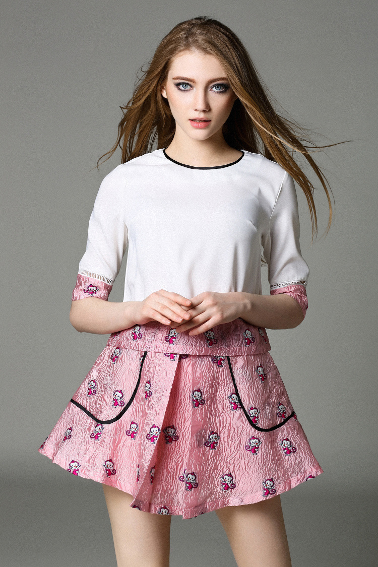 远强店2016春夏女装欧美时尚可爱卡通猴子提花显瘦半裙套装女t5114