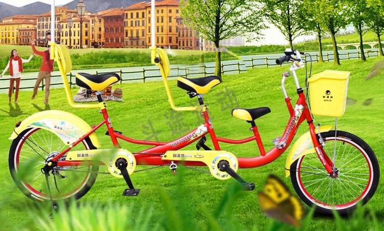 帝22英寸三人子多双人骑自行车带小孩家庭旅行景点观光自行车 红色 22