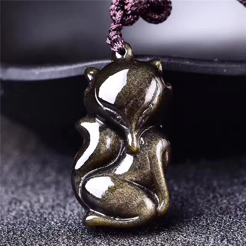 天然冰彩黑曜石狐狸吊坠男女项链金曜石狐狸挂件本命年吉祥物金曜石