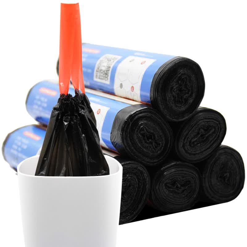 艾佳洁 自动收口垃圾袋加厚抽绳手提式一次性家用黑色塑料袋 中号