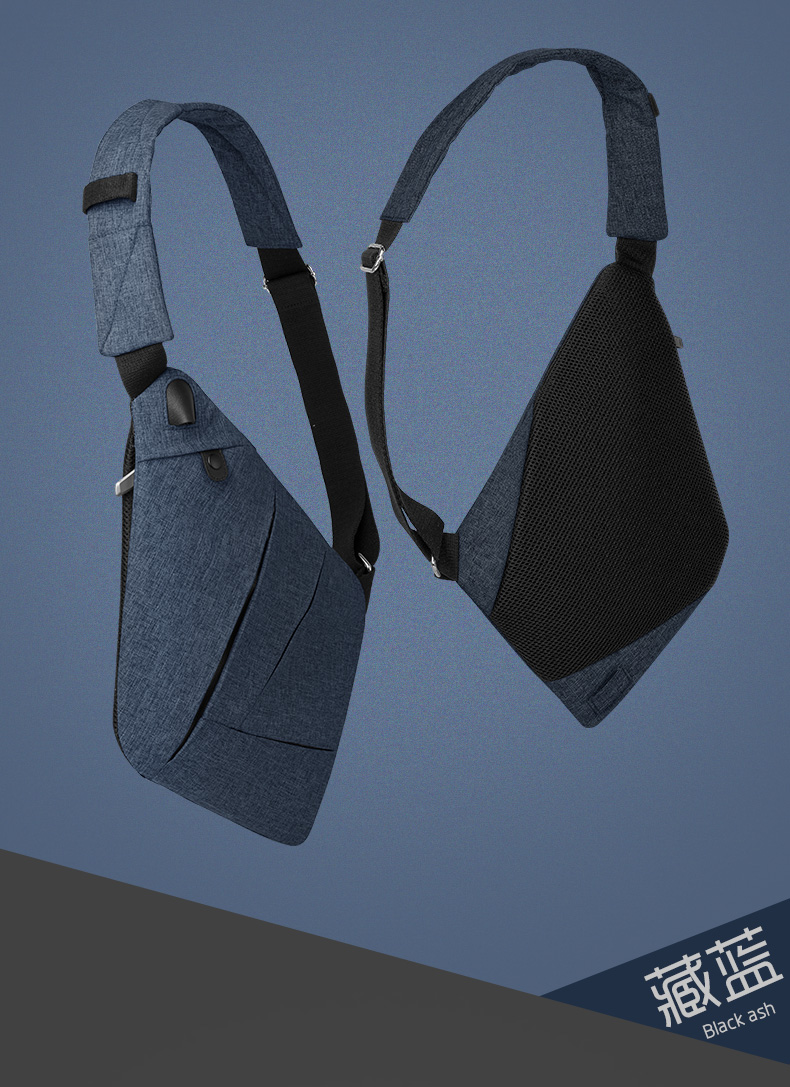 cai大容量防泼水多口袋胸包多功能收纳简约轻薄单肩包黑灰6英寸手机可