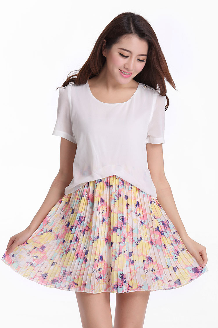 ciros碎花连衣裙夏季雪纺拼接百褶裙圆领短袖假两件短裙子 白色 s