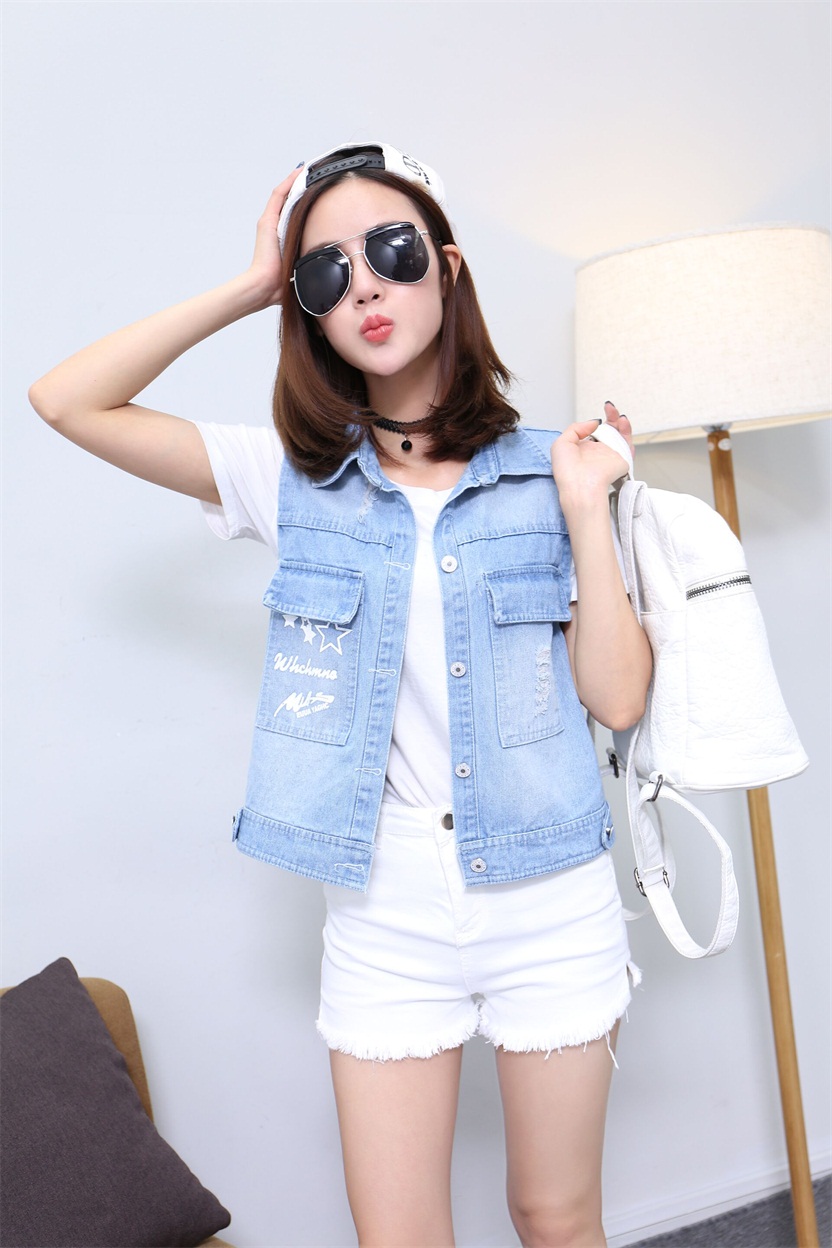 英曼娅新款2016夏韩版宽松无袖破洞字母印花短款牛仔马甲外套 图片色