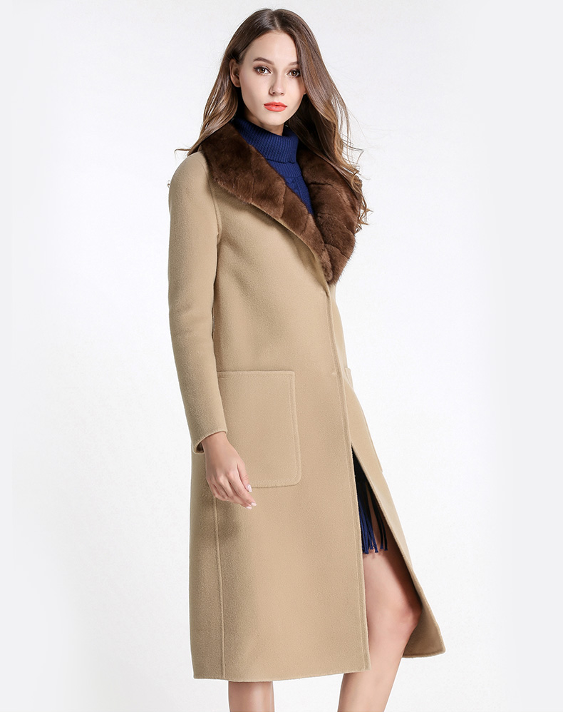 乔万尼冬季新款外套保暖修身型羊毛呢子大衣女长款过膝 浅驼色 xxl