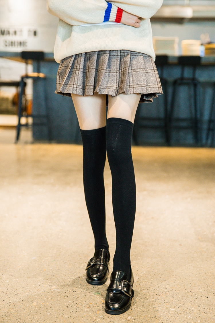 过膝袜女秋冬季厚款高筒袜 韩版纯棉性感长筒女士袜子纯色学院风 黑色