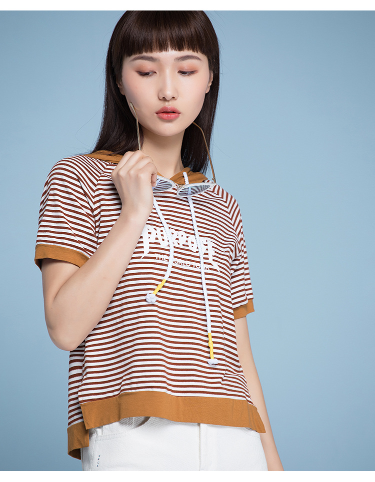 梦舒雅套头连帽t恤女2019新款条纹上衣 黑条纹 xl