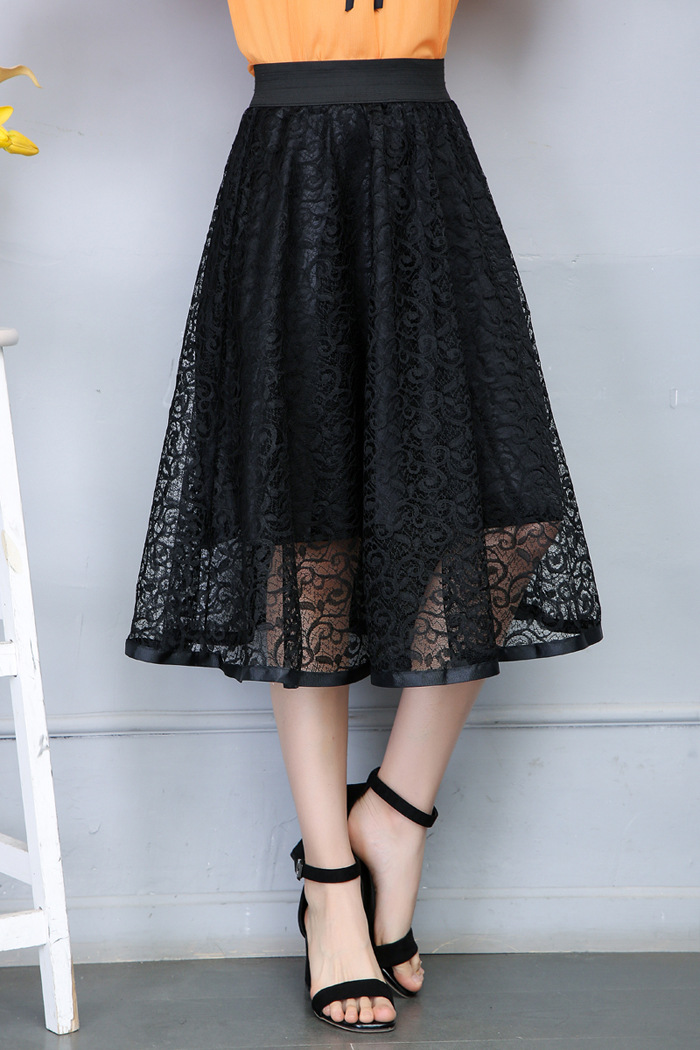 2020夏季高腰网纱蓬蓬中裙黑色蕾丝半身裙子百褶a字裙中长款裙女 梅花