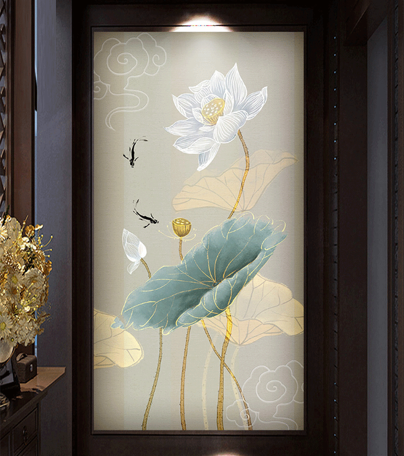 多美莱荷花禅意壁画玄关走廊过道壁纸中国风墙纸客厅无缝墙布定制 a