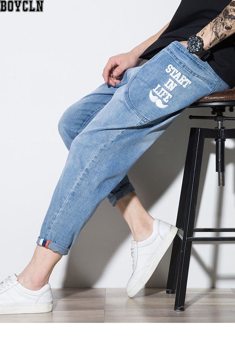 boy cln 潮牌夏季浅色系绳牛仔裤男 欧美男生大码九分裤 胖子青年印花