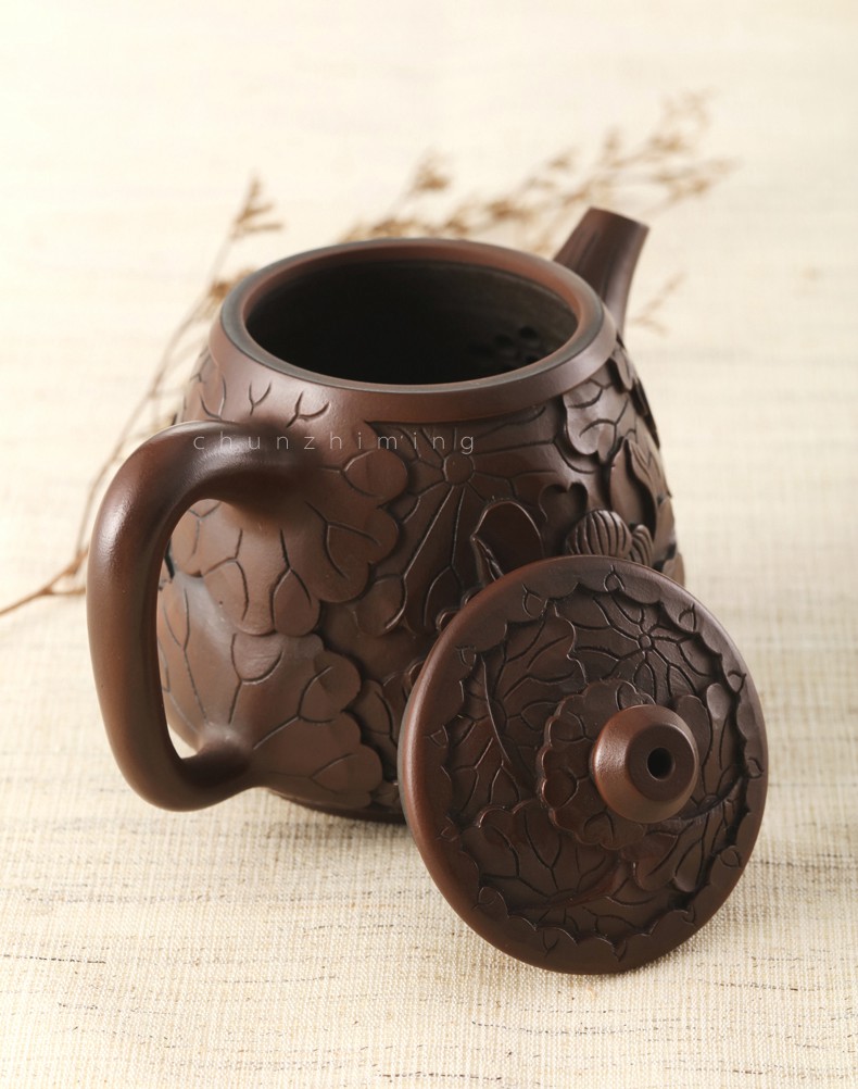 春之茗云南建水紫陶茶壶名家手工雕刻浮雕花开富贵紫陶壶高石瓢壶泡