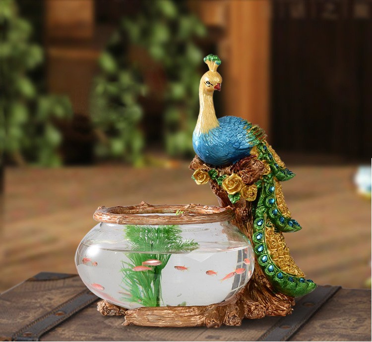 金鱼缸客厅欧式复古摆设孔雀鱼缸办公室摆件家居装饰品小型造景工艺品