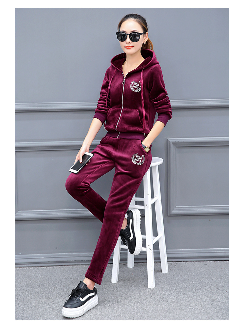 金丝绒运动套装女冬加厚加绒时尚绣花连帽休闲两件套女潮 红色 m_现价
