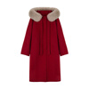 Oudihui 2025 new autumn and winter red woolen coat for women thickened large fur collar woolen coat mid-length coat for women red S