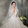 Red makeup wedding dress bride 2025 new main yarn French heavy industry lace luxury winter long-sleeved palace style welcome ceremony yarn light champagne color floor-length M