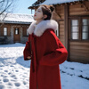 Oudihui 2025 new autumn and winter red woolen coat for women thickened large fur collar woolen coat mid-length coat for women red S