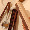Vinoa sugar-colored chicken wing wood cylindrical wooden handle chopsticks spoon students and office workers bring their own three-piece portable tableware set when going out #ins caramel color-round wooden handle #round spoon + wooden chopsticks come with a storage box