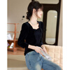 Shangjing French Hepburn style velvet top autumn fashion temperament elegant square neck long-sleeved bottoming shirt for women