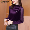 Woodpecker gold velvet bottoming shirt for women in autumn and winter new model with temperament half turtleneck black mesh beading long-sleeved T-shirt top picture style black free corsage M