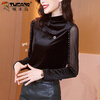 Woodpecker gold velvet bottoming shirt for women in autumn and winter new model with temperament half turtleneck black mesh beading long-sleeved T-shirt top picture style black free corsage M