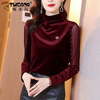 Woodpecker gold velvet bottoming shirt for women in autumn and winter new model with temperament half turtleneck black mesh beading long-sleeved T-shirt top picture style black free corsage M