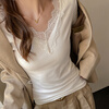 Lurang Song lace V-neck bottoming shirt for women in autumn and winter with German velvet brushed inner, slim fit, versatile long-sleeved top, shoulder T-shirt, white M (suitable for 95-115 pounds)