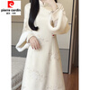 Pierre Cardin New Chinese Style 2025 Winter New Off-white Embroidered Velvet Thickened Warm Cheongsam Inverted Large Sleeves Retro Style Long Skirt Beige Velvet A Thickened S