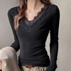 Lurang Song lace V-neck bottoming shirt for women in autumn and winter with German velvet brushed inner, slim fit, versatile long-sleeved top, shoulder T-shirt, white M (suitable for 95-115 pounds)