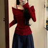 Taoyiyou pure lust style sweet fake two-piece one-shoulder knitted bottoming shirt for women in autumn slimming design off-the-shoulder top red S